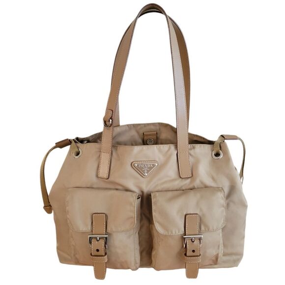 Prada Nylon Leather Beige khaki Tote Shoulder Bag Handbag - Picture 1 of 15